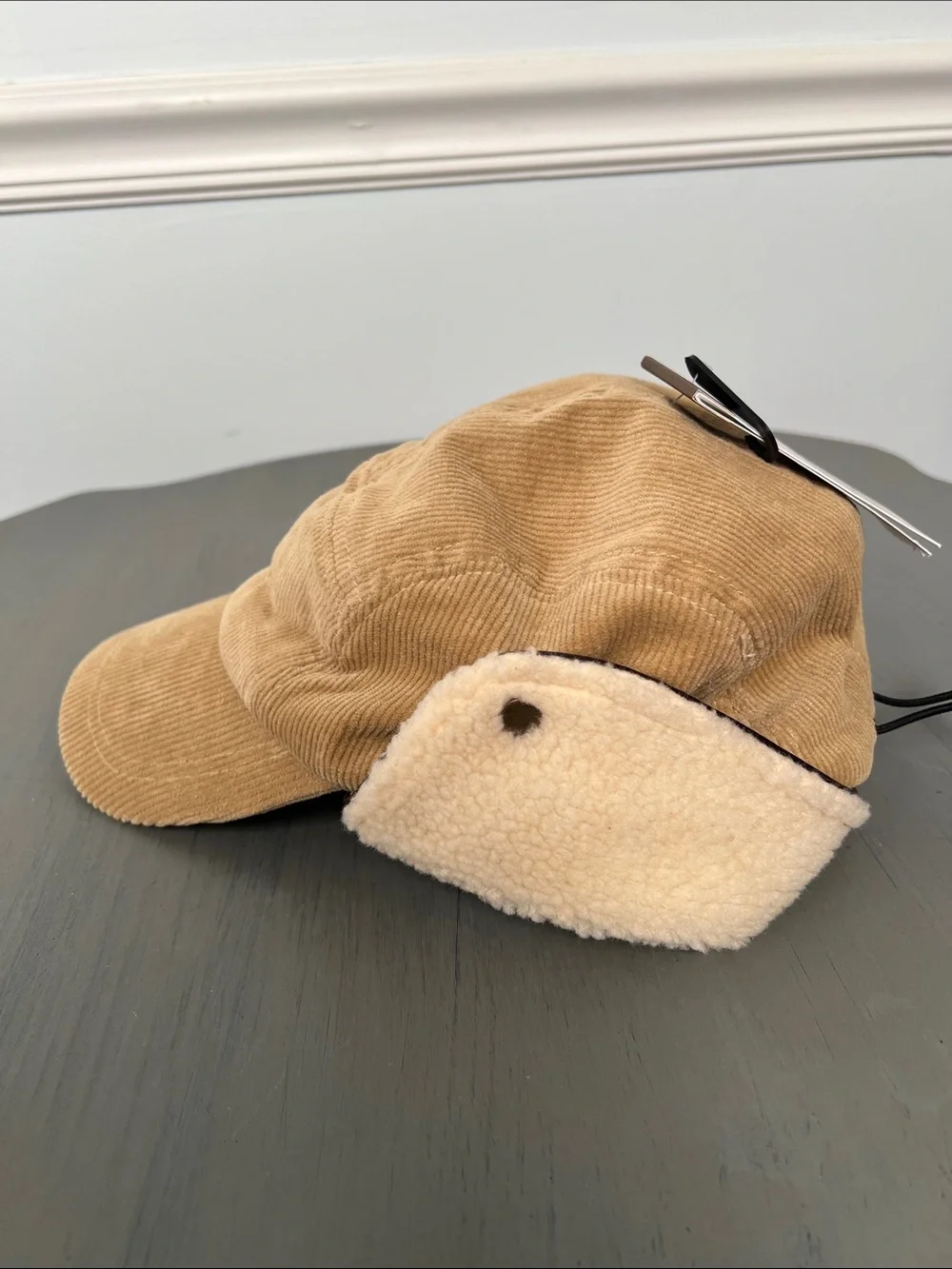Scala Corduroy Earflap Cap in Tan with Cream Shearling